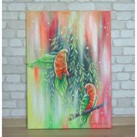 PARROTS IN THE LIGHT 50cmx70cm - abstraktes Acrylgemälde mit zwei bunten Papageien inmitten von Blättern Bild 1