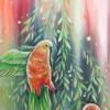 PARROTS IN THE LIGHT 50cmx70cm - abstraktes Acrylgemälde mit zwei bunten Papageien inmitten von Blättern Bild 2
