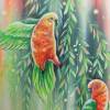 PARROTS IN THE LIGHT 50cmx70cm - abstraktes Acrylgemälde mit zwei bunten Papageien inmitten von Blättern Bild 3