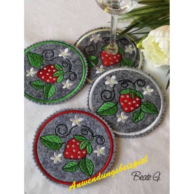 *  Edler Untersetzer - Erdbeere  *  ITH - Stickdatei, 10 x 10 Rahmen