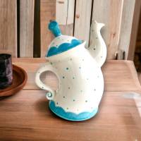 tanzende Teekanne ,türkis, Punkte, 1,5l, aus Keramik, handbemalt Bild 1
