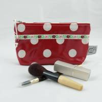 Kosmetiktasche/Federmäppchen aus beschichteter Baumwolle, rot mit weißen Punkten mit Blumen Bild 1