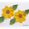 3-teiliges Häkelset: Eine gehäkelte Sonnenblume mit 2 Blättern  - Applikation - Häkelapplikation - Aufnäher - Herbst - gelb, braun, grün Bild 2