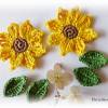 3-teiliges Häkelset: Eine gehäkelte Sonnenblume mit 2 Blättern  - Applikation - Häkelapplikation - Aufnäher - Herbst - gelb, braun, grün Bild 6