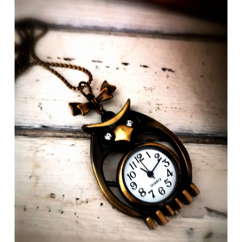 Uhrenkette Eule Bronze Motivuhr Schmuck Kette Anhänger Uhr