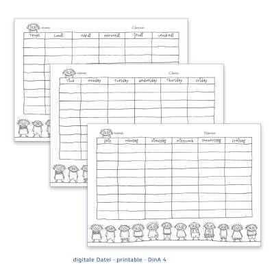 Stundenplan zum Ausdrucken – Freebie DinA4 Monsterchen schwarz-weiß zum Ausmalen als PDF