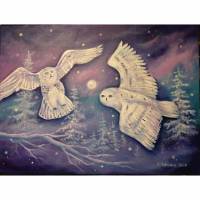 LOVERS IN A DREAM - romantisches Acrylgemälde auf Leinwand 80cm x 60cm mit fliegenden Schneeeulen Bild 1