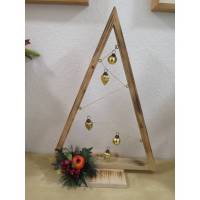 Weihnachtsdekoration Holzbaum - geflämmt - mit Kugeln in gold Bild 1