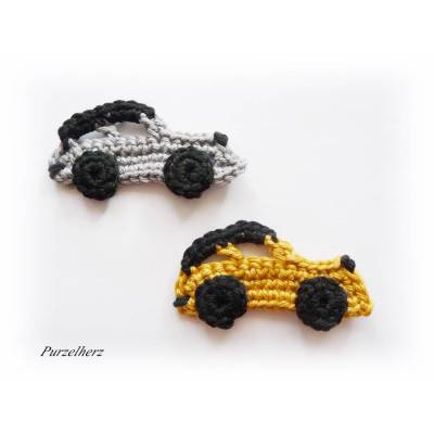 2 gehäkelte Sportautos - PURZELFLITZER - Rennwagen - Sportwagen - Häkelapplikation - Aufnäher - silber, gold