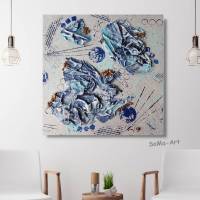 Acrylbild auf Leinwand mit spannender tiefer Struktur in Blautönen, Wandbild, Collage, abstrakte Malerei, Kunstwerke Bild 1