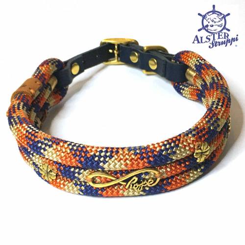 Hundehalsband verstellbar blau orangerot goldbeige mit Leder und Schnalle