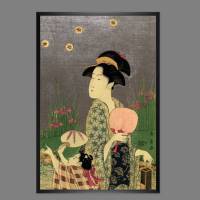Japanische Kunst - Holzschnitt von 1794 - Portrait Frau mit Kind - Poster Kunstdruck - Vintage Art - Geisha Bild 1