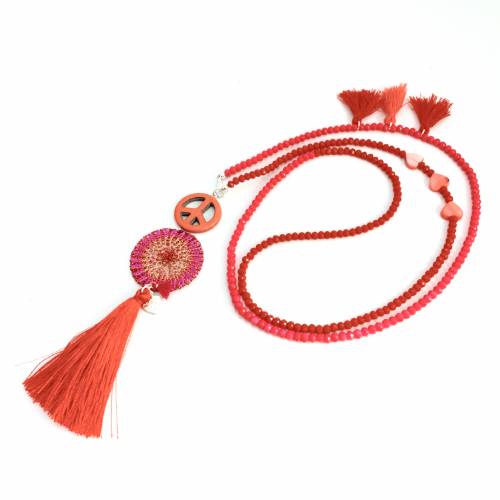 QUASTEN Kette PEACE - orange/rot/pink - mit doppelt gestricktem doubleface Scheiben-Element und kleinen Perlmutt Herzen