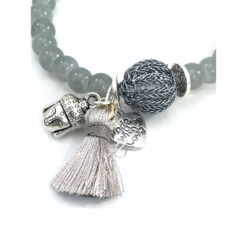 elastisches ARMBAND aus grauen Achat Kugeln mit gestrickter MINI-KUGEL aus graphitfarbenem Kupferdraht