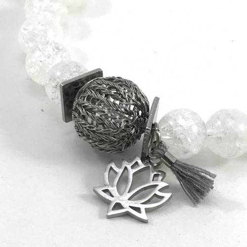elastisches Bergkristall ARMBAND mit gestrickter MINI-KUGEL aus Edelstahldraht