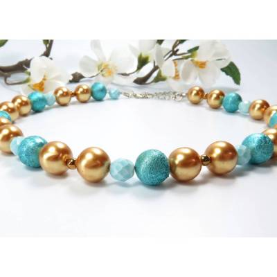 Kette kurz goldfarben türkis Unikat Halskette