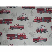 12,30 EUR/m Canvas Dekostoff - Feuerwehr auf natur / hellbeige, Feuerwehrauto Bild 1