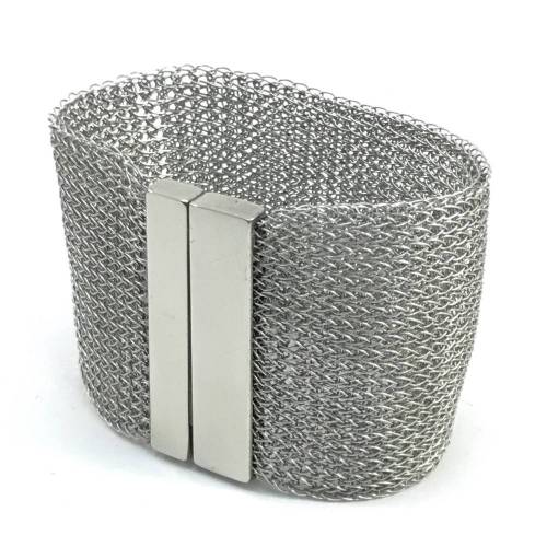 fingergestricktes, breites EDELSTAHL MANSCHETTEN ARMBAND aus Edelstahldraht mit Edelstahl Magnetschließe