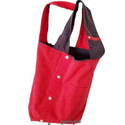 Handgemachte rote Stofftasche mit anthrazit, dekorative kleine Handtasche, Unikat aus Baumwolle