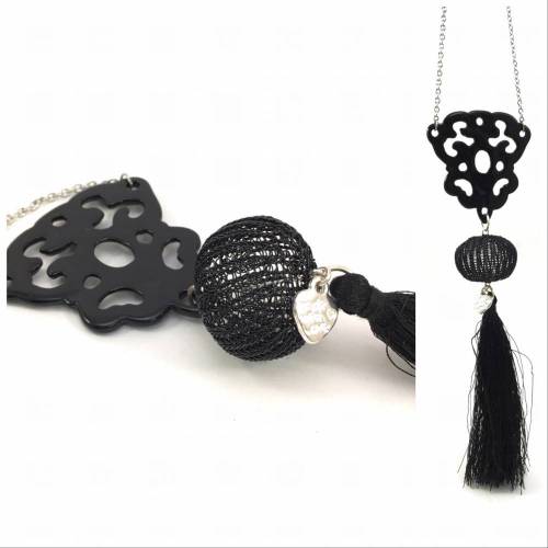 BAROCK KETTE - schwarz - Edelstahl Gliederkette mit doppelt gestricktem Kugel-Element, schwarzem Acryl Ornament und Quaste