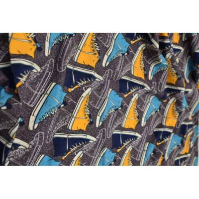 Baumwolljersey Team Sneaker – Senfgelb Türkis Braun – Turnschuhe auf Taupe – Meterware für Kinderstoffe