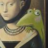 Junge Dame mit Frosch, Frosch Bild, Acrylmalerei auf altem Druck, gerahmtes Froschbild, Froschkönig, witziges Bild Bild 2