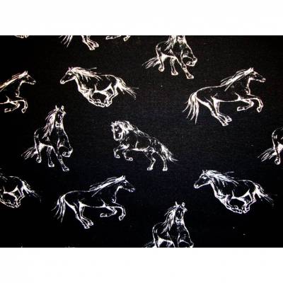 French Terry Sommersweat Big Love schwarz weiß, weiße Pferde auf schwarz Stoffe nähen Meterware Hood Kleider