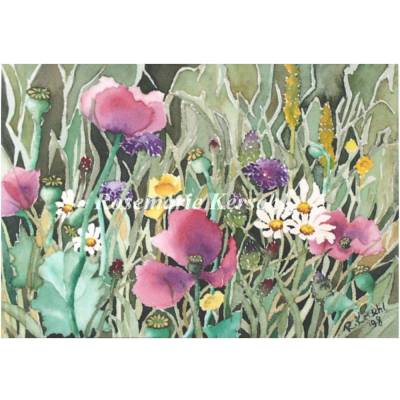 Wildblumenwiese Aquarellbild handgemalt in rosa, weiß, gelb, grün und lila 18 x 24 cm in Querformat