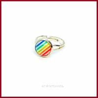 Ring "Rainbow" Regenbogen Streifen, Cabochon 10mm versilbert, verstellbar (offen) Bild 1
