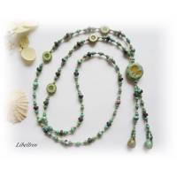 Lange Perlenkette mit runder Glasperle "Blumige Freude" - Bettelkette - nostalgisch,trendy,antiker Stil,boho - türkis,aqua,braun,creme Bild 1