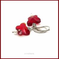Ohrringe "Butterfly" Schmetterlinge rot facettiertes Kristallglas/ weiße Perle, versilbert Bild 1
