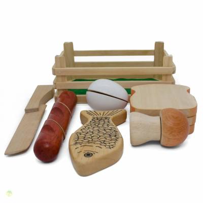 Schneidesortiment Vesperkiste, Kaufladenzubehör aus Holz