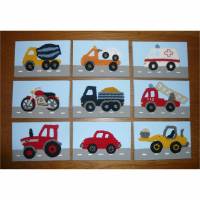 kleines Wandbild mit Fahrzeug fürs Jungen Kinderzimmer, Keilrahmenbild gemalt und gehäkelt Bild 1