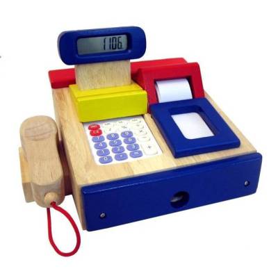 Bunte Kinder Kasse mit Scanner, Kaufladenzubehör aus Holz