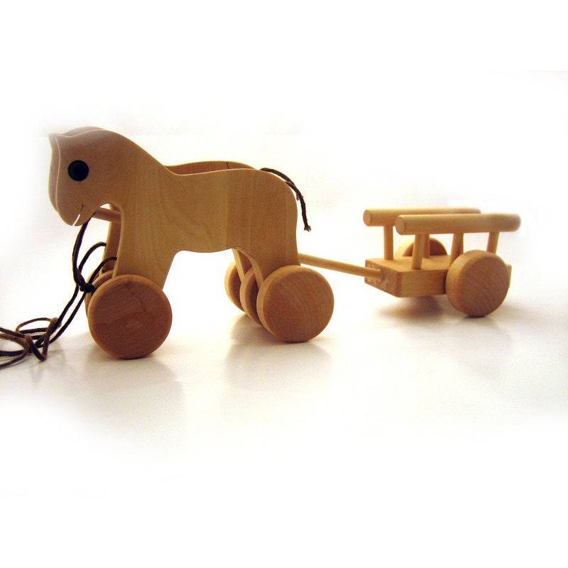 Pferd mit Wagen, Nachziehspielzeug aus Holz Bild 1