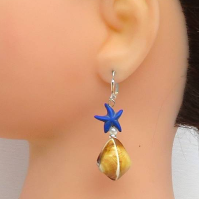 Ohrringe "Conchita"  blau/braun/weiß, Muscheln, Perlen, Seesterne