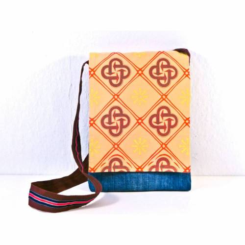 Kindertasche, Messenger Bag, Upcycling, Jeans + orange gemustert, Einschulungsgeschenk, Unikat