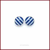 Ohrstecker/-clips "Stripes" Cabochon blau weiß gestreift 10mm, Fassung in silber /gold/ weiß Bild 1