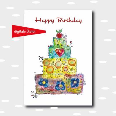 Freebie: digitale Datei für die Erstellung von Geburtstagskarte mit Torte, Glückwunsch-Karten