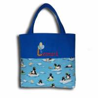 Tasche für Kinder mit Stickerei Stofftasche Windeltasche Stoffbeutel blau Aufbewahrung Babysachen Spielsachen Pinguine Bild 1