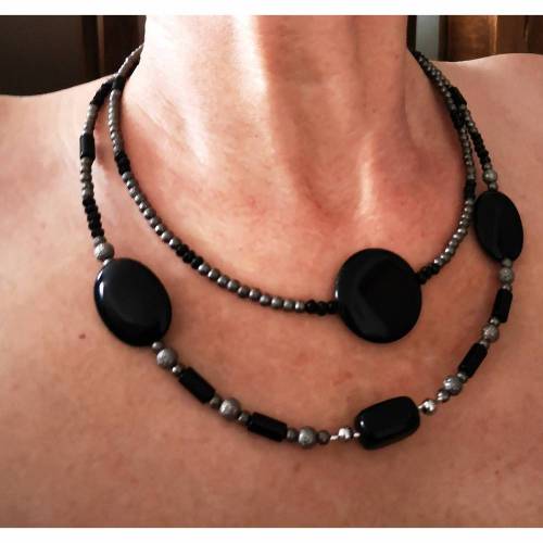 Kette ,Halskette, Damenkette,Statemant-Kette, Collier, Onyx, opulent, Eyecatcher, Doppelkette