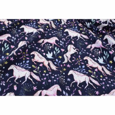 Baumwolljersey Pferdetraum – weiße zartrosa Pferde auf dunkelblau für Mädels, Meterware