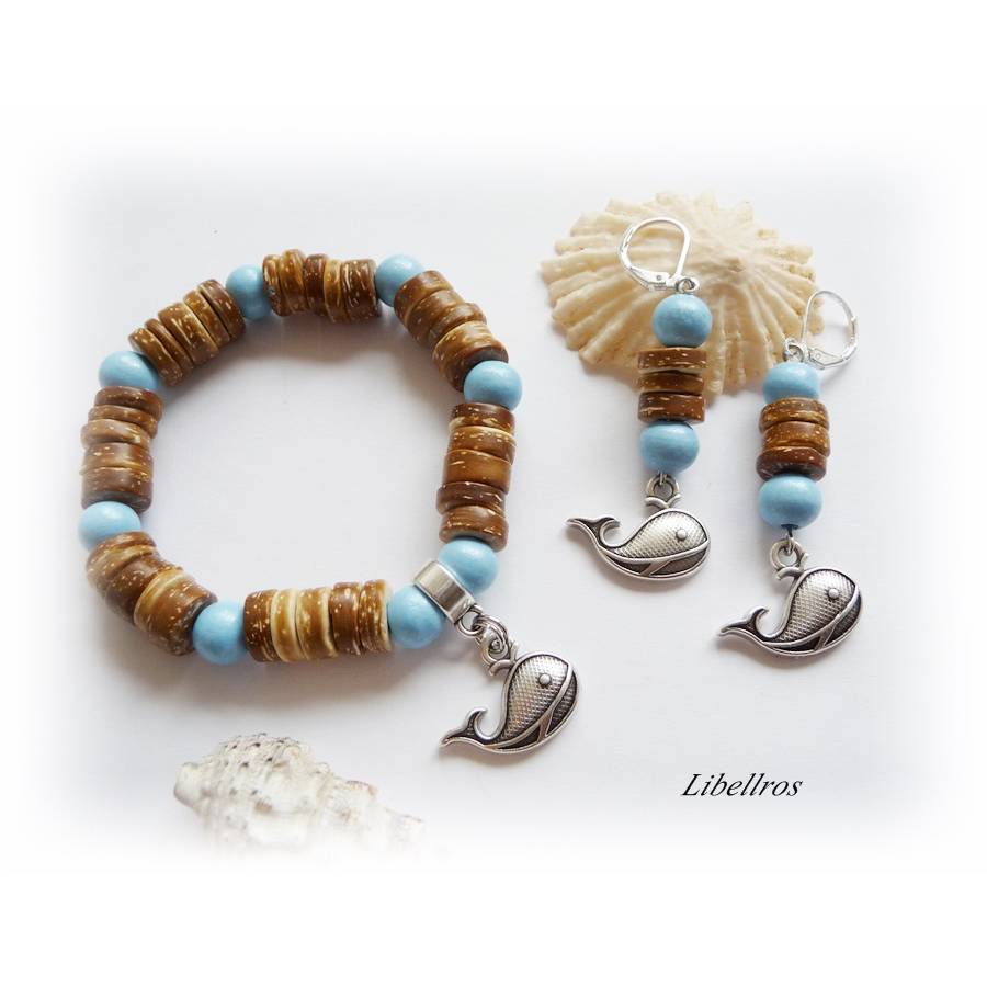 Schmuckset: Dehnbares Armband und Ohrhänger mit Walanhänger - Ohrringe - modisch,maritim,sportlich - blau,braun/karamell Bild 1