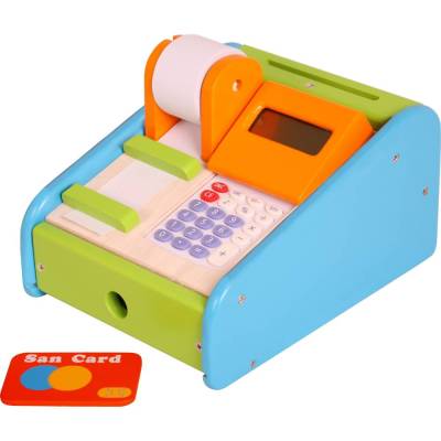 Türkis-Orange Kaufladenkasse aus Holz, Kaufladenzubehör aus Holz