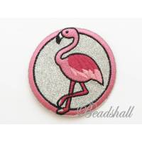 Bügelbild Flamingo Patch rund rosa Silberglitter Bild 1