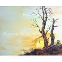 Aquarell Baum handgemalte Landschaft in Ocker-, Gelb- und Brauntönen 30 cm x 40 cm Querformat Bild 1