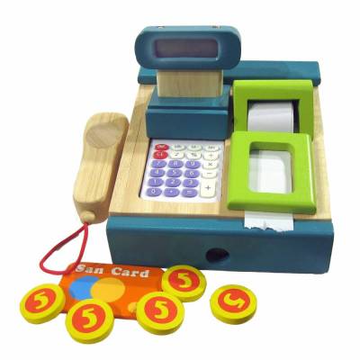 Türkis-Grüne Kinder Kasse mit Scanner, Kaufladenzubehör aus Holz