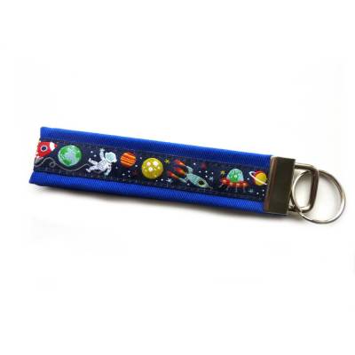 Schlüsselanhänger Schlüsselband "Weltall" in dunkelblau blau oder hellblau aus Baumwollstoff und Webband