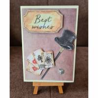 Geburtstagskarte " Best Wishes" Spielkarten , Würfel , VintageLook , Hut , Gehstock Bild 1