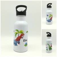 Trinkflasche mit Namen "Dino T-Rex"/ Kindergarten/ Schule/ Sport/ 500ml mit Strohhalm Bild 1